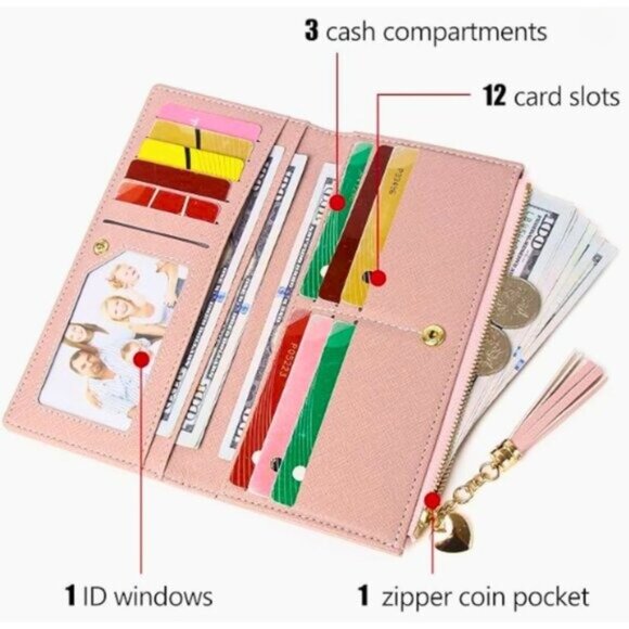 🎀HP X2!🎀NWT Pink Slim Wallet Womens Clutch Style Elegant Tassel Wallet 12 Card - Picture 4 of 8
